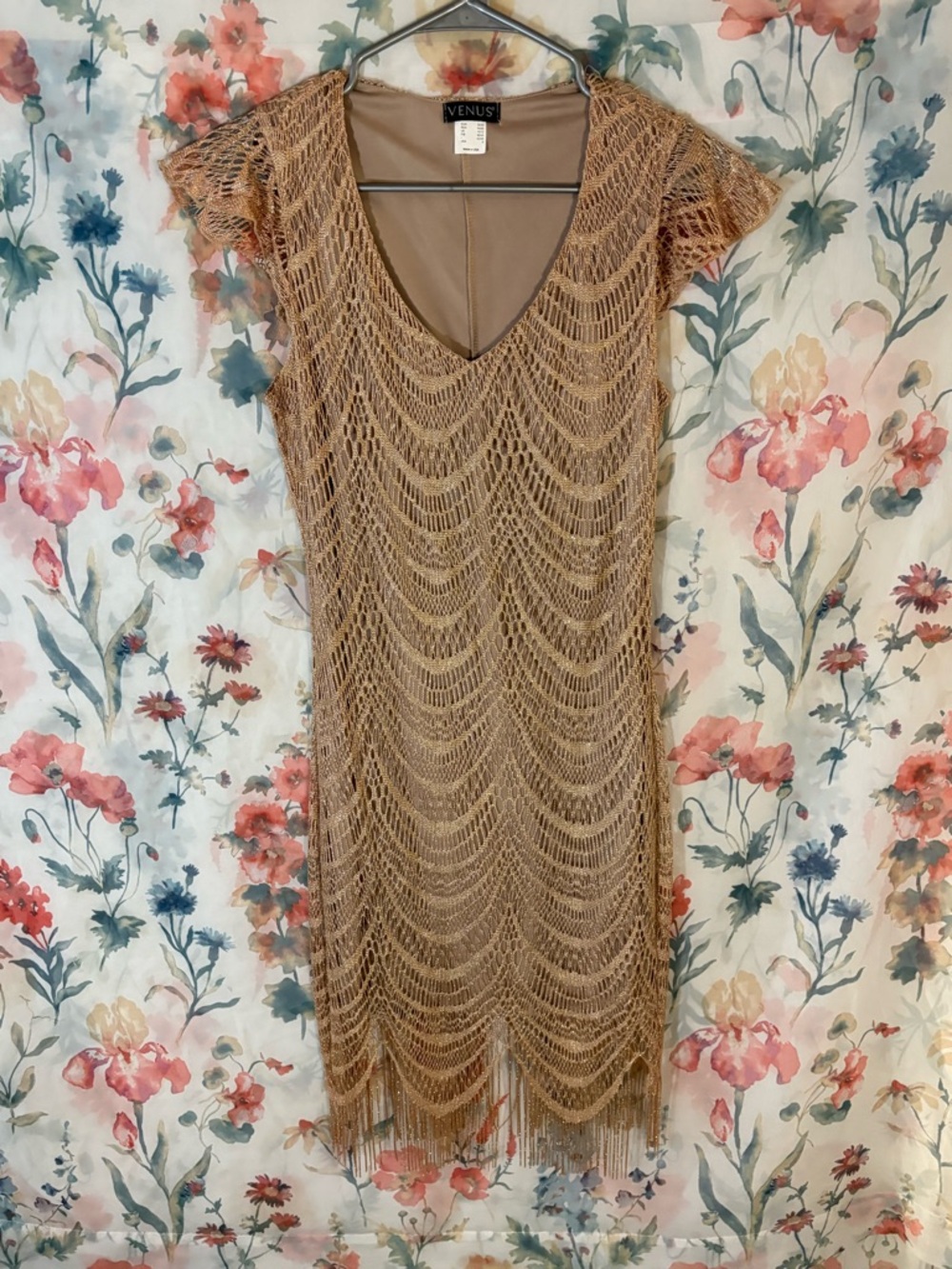 Vintage Venus Gold Crochet Fringe Dress